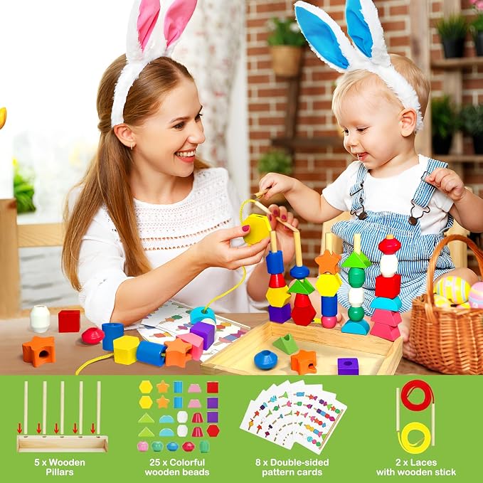 Montessori Wooden Beads Sequencing Toy Set, Sorting Stacking Blocks & Lacing Beads & Shape Matching Stacker for 2 3 4 5 Years Kids Preschool Learning Fine Motor Skills Toys Gifts for Toddler Boy Girl