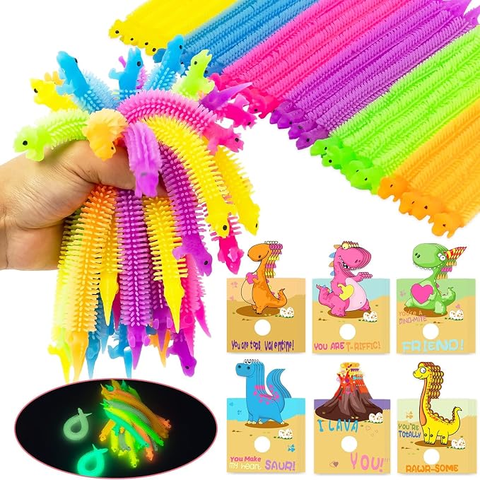 Valentines Day Cards for Kids - 24Pcs Dinosaur Cards With Glow in Dark Stretchy String Sensory Fidget Toys for Party Favors, Classroom Exchange Gifts, School Supplies