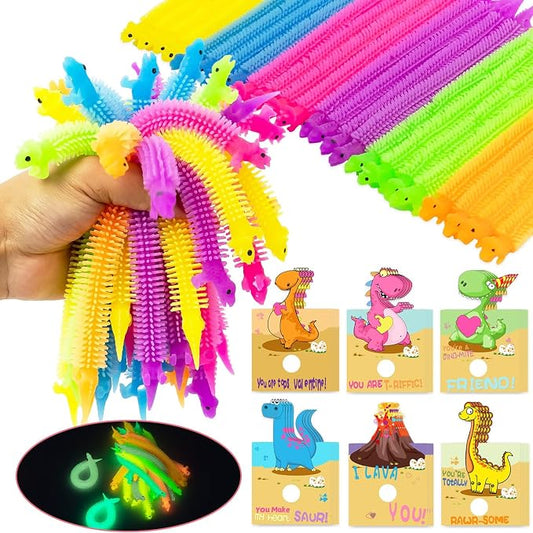 Valentines Day Cards for Kids - 24Pcs Dinosaur Cards With Glow in Dark Stretchy String Sensory Fidget Toys for Party Favors, Classroom Exchange Gifts, School Supplies
