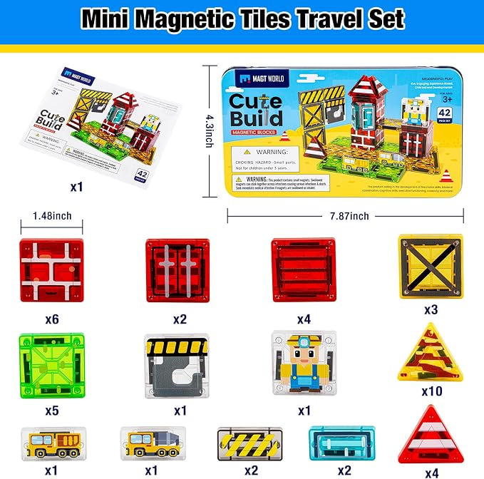 42PCS Mini Magnetic Tiles Toddler Travel Toys for Boys 3-5 Year Old Gifts | Construction Theme, Portable Metal Case, Kids Travel Essentials for Airplane, Car & Road Trip, STEM Preschool Learning Toys