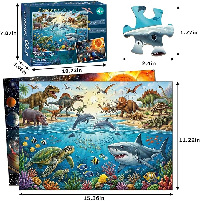 Puzzles for Kids Ages 4-6 6-8, 60 Piece Puzzles for Kids(2 Packs) | Jigsaw Puzzles Toddler Learning Educational Toy Set - Ocean, Dinosaur & Space, Kids Puzzles Ages 5-8 Toys Gifts