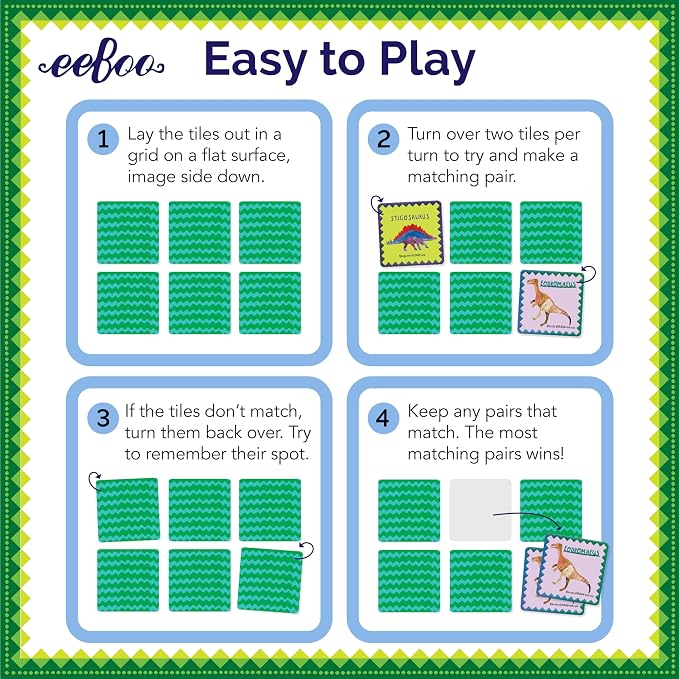 eeBoo Shiny Dinosaur Memory & Matching Game, Ages 3+, 1-4 Players | Teaches dinosaur names & pronunciation. Sharpens recognition, concentration & memory skills. Includes 48 foil tiles, 24 pairs