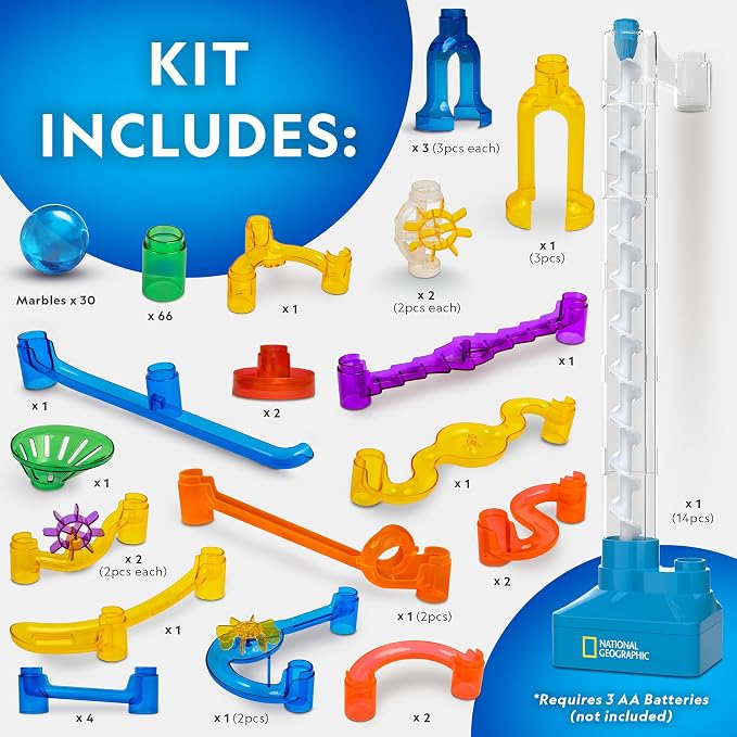 National Geographic Motorized Marble Run 150-Piece Building Set for Kids | Motorized Elevator, 30 Marbles, Storage Bag, Perpetual Motion Machine, Physics Learning, STEM Toy, Marble Maze