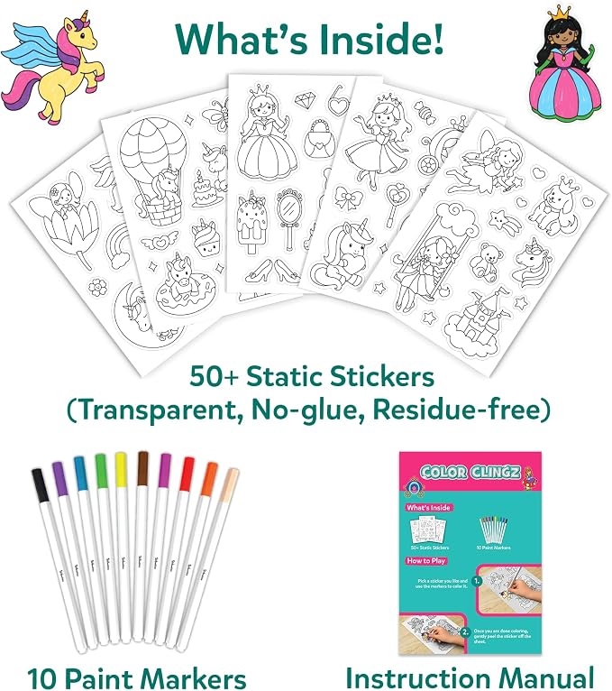 Skillmatics Color Clingz – Unicorns & Princesses, Reusable Static Stickers | 50+ DIY Stickers, Travel Toys, Mess-Free, Window Art & Craft Kit, Gifts for Toddlers, Girls & Boys Ages 3, 4, 5, 6, 7