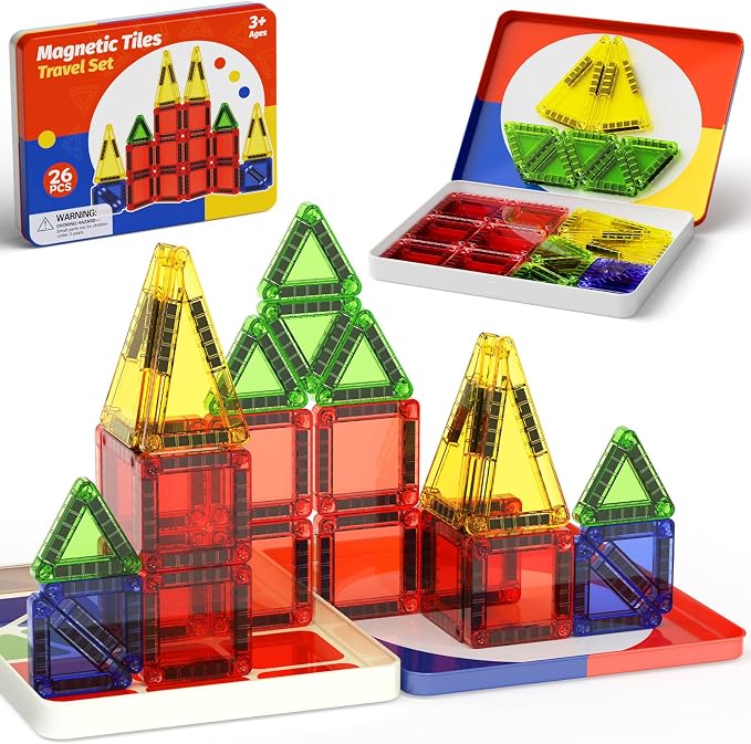 WMXDU Mini Magnetic Tiles with Iron Case, Kid's Travel Essential | Portable Creativity On-The-Go Magnet Blocks STEM Travel Toys for Toddler Boys Girls Ages 3+, 26-Piece