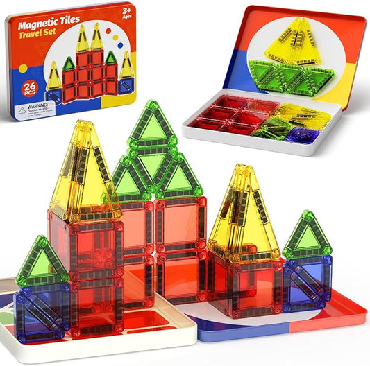 WMXDU Mini Magnetic Tiles with Iron Case, Kid's Travel Essential | Portable Creativity On-The-Go Magnet Blocks STEM Travel Toys for Toddler Boys Girls Ages 3+, 26-Piece