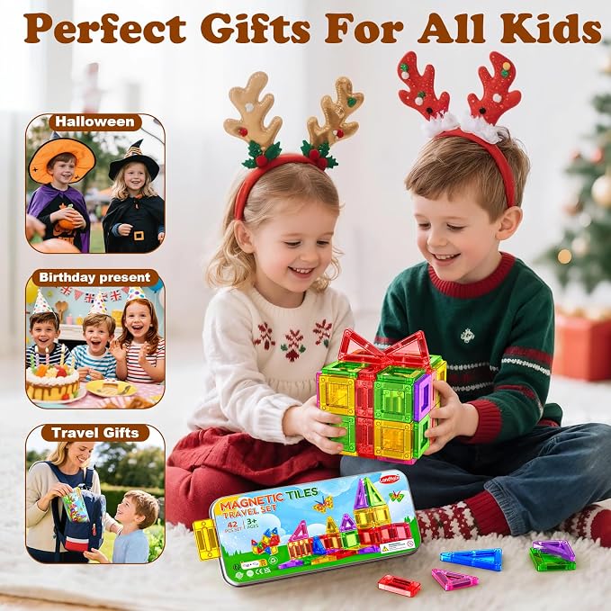Mini Magnetic Tiles Travel Set Magnetic Tiles with Iron Box 42PCS | Magnet Building Blocks Travel Toys for Kids Ages 3+,Portable Magnet Toys Gifts for Toddlers Boys Girls Christmas Birthday