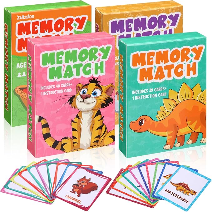 Zubebe 4 Sets Memory Matching Card Game Ages 4+, Family Party Game,Style 1 | Learning Toy with Animal Dinosaur Food Themes, Ideal for Family Night Classroom Prizes Party Favors, Builds Memory Skills