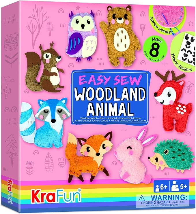 KRAFUN Woodland Animal Sewing Kit for Kids Ages 6+ | 8 Dolls | Sew 8 woodland animals: Bear, Bunny, Fox & Owl. Instructions & felt included. Beginner gift for girls & boys