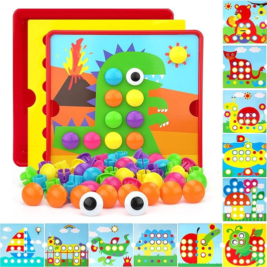 Button Art Pegboard for Toddlers - 12 Pics & 46 Buttons, Gift 3+ | 7.8'' x 7.8'' pegboard with dinosaur theme. Builds fine motor skills, color matching & creativity. Preschool learning gift