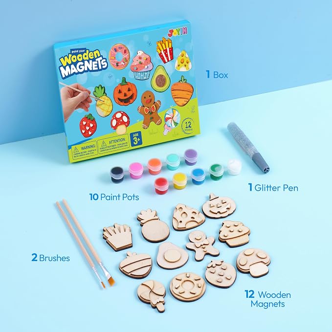 JOYIN 12 pcs Wooden Magnets, Painting Craft for Boys and Girls, Spring and Rainy Day Activities Kit, Craft Toys Gifts for Kids Birthday Easter