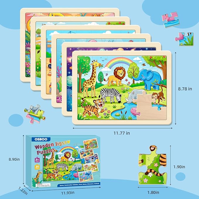 Puzzles for Kids Ages 4-6, 6-Pack 30-Piece Wooden Kids Puzzles | Discovery World Themes | Educational Puzzles for Kids Ages 3-5, Age-Appropriate Learning Toys, Ages 3+