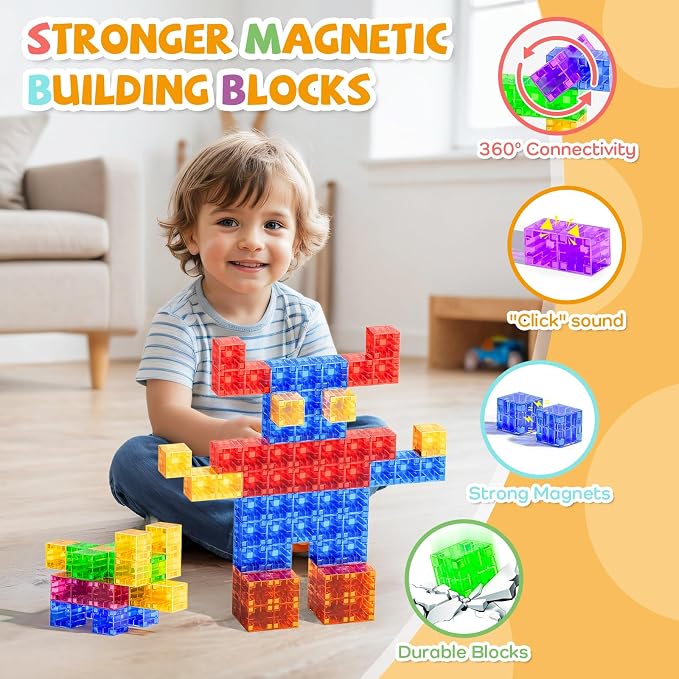 SYSKENI 35PCS Mini Farm Magnetic Blocks Travel Set for Kids Ages 3-5 4-8 | Magnetic Blocks Travel Toys Portable Magnet Cubes STEM Learning Toys with Portable Iron Storage Box Christmas Birthday Gifts