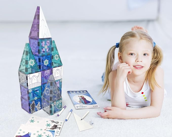 Tytan Toys Disney Frozen Magnetic Tiles Princess Castle - 68-Piece STEAM Building Set with Glitter Tiles & Elsa, Anna, Olaf Stickers - Educational Frozen Toys for Girls Age 3-4+