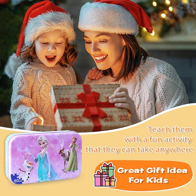 LELEMON Puzzles for Kids Ages 4-6,60 Piece Puzzles for Kids in Metal Box | Snowman Children Jigsaw Puzzles for Kids Ages 3-5 Kids Puzzles,Educational Learning Puzzle Toys for Girls and Boys
