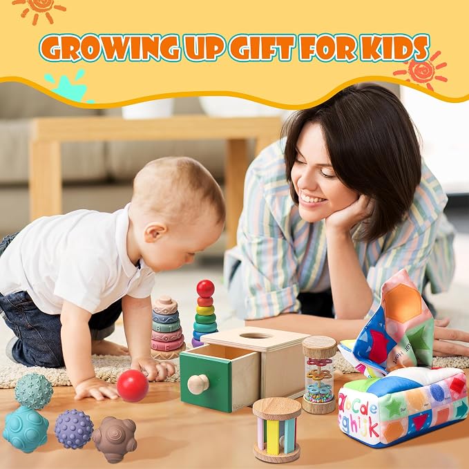 Montessori Toys for Babies 6-12 Months,1 Year Old,8 in 1 Learning Educational Set Wooden Sensory Toys for Baby Toys 12-18 Months (Includes Tissue Box Toy,Rainmaker and More)