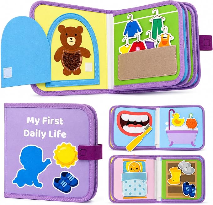 Busy Book for Toddlers 1-3,Montessori Daily Life Felt Activity Book | Practice dressing, eating, hand washing, brushing teeth, bath time and bedtime through 8 interactive felt activities.