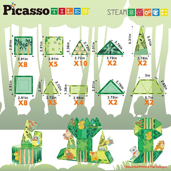 PicassoTiles Magnet Tile Building Blocks Forest Animal Theme Toy Set with 8 Character Action Figures Educational STEM Learning Construction Kit Pretend Play Magnetic Tiles Preschool Kids Ages 3+ PTQ16