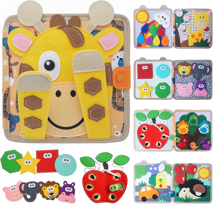 Busy Books for Toddlers 1-3, Felt Montessori Quiet Book Set, Portable Travel Plane Toys, Home, Forest, Giraffe, Rabbit Animals Educational Activity Books, Birthday Gifts for Boys & Girls