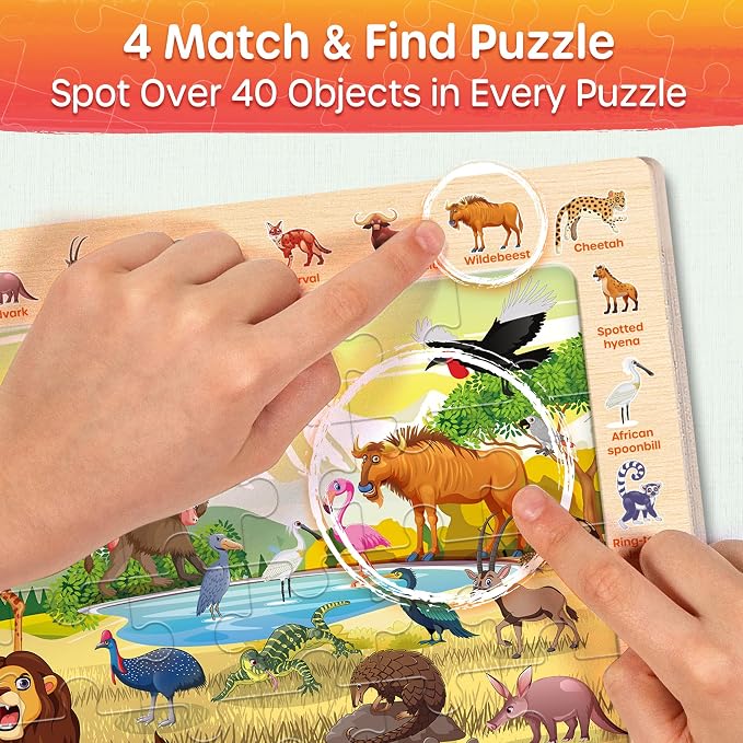 SYNARRY Wooden Puzzles for Kids Ages 4-6, 4 x 60 Piece Match & Find Puzzles for Kids Ages 3-5 Boy Girl, Educational Easter Gifts for 4-8 Year Olds, Learning Jungle Savannah Polar Animals & City Life