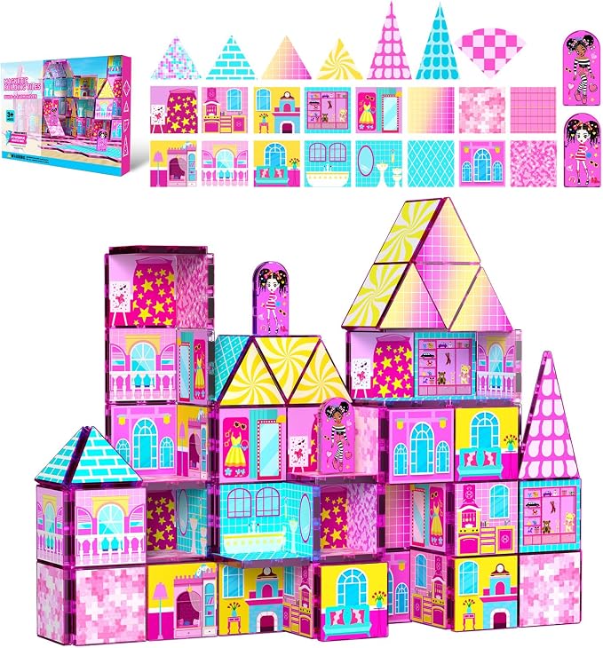 Magnetic Tiles 52PCS Magnetic Building Blocks for Kids Ages 3-5 4-8, STEM Montessori Preschool Classroom Must Haves, Toddler Sensory Educational Toys for Boys Girls, Christmas Birthday Gift(Pink)