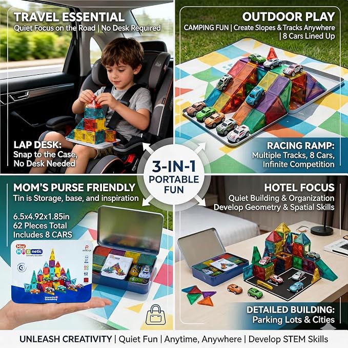 Mini Magnetic Tiles 62 PCS with 8 Metal Cars Travel Magnetic Building Tiles with Storage Box Magnet Toy for Kids STEM Educational Set Construction Toys Boys Girls Toddlers Birthday Gifts 3 4 5 6 7 8