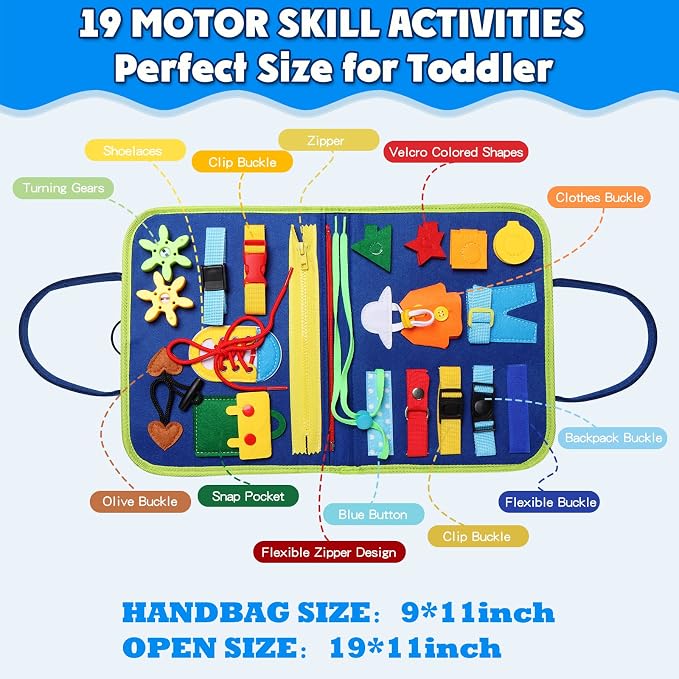 Busy Board Montessori Toy for 3-6 Year Old Toddlers - Educational Activity Developing Sensory Board for Fine Basic Dress Motor Skills - Travel Toys for Plane Car, Gift for Boys Girls