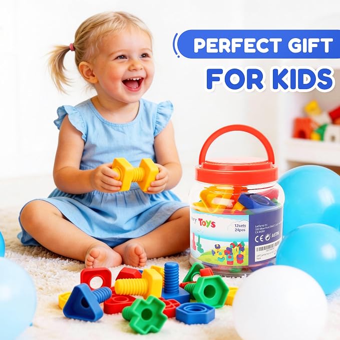 LotFancy Nuts and Bolts, 24pcs Fine Motor Skills Occupational Therapy Toys for Kids, Shapes and Colors Matching Toys, Montessori Building Construction Game with Storage Box for Baby and Toddlers