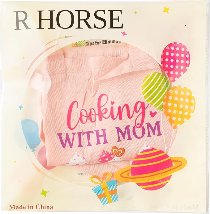 R HORSE Kid Apron and Chef Hat Set 2Pcs Adjustable Pink with Mom Cooking Children Kitchen Apron, Dress up Role Play Chef Toy Funny Cooking Baking Painting and Training Kit for Kids Birthday Party Gift