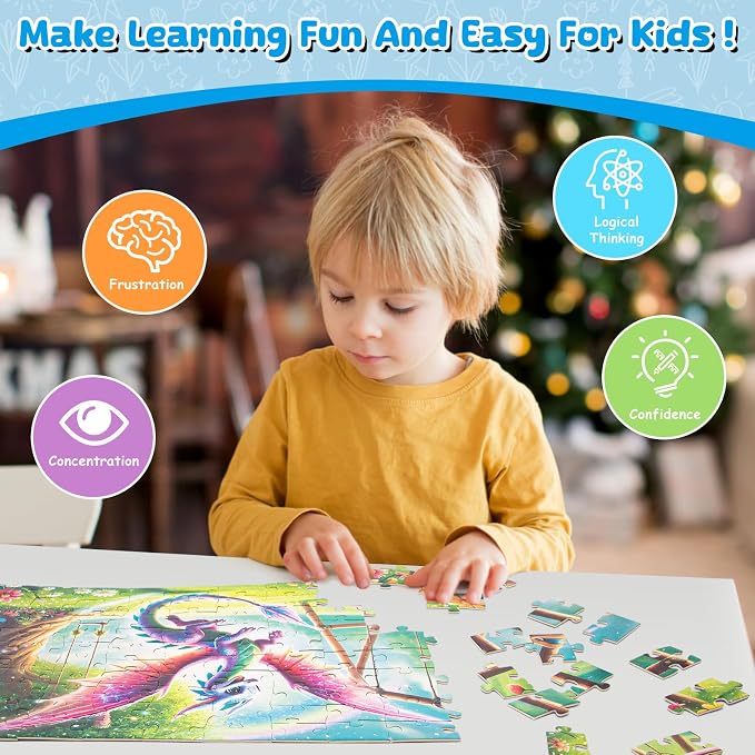 100 Piece Puzzles Rainbow Fly Dinosaur for Kids Girls Boys Ages 4-10 | Learning Educational Jigsaw Puzzles Toys with Full-size Poster, Holiday/ Birthday/Party/School Gifts for Children
