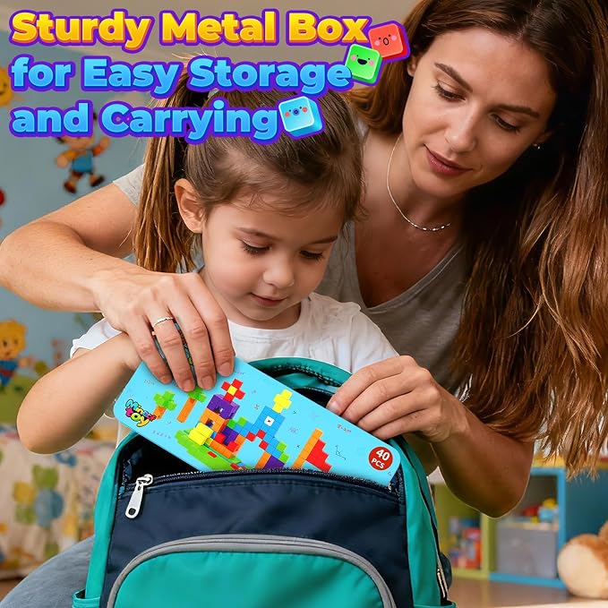 Magnetic Blocks Mini Travel Essentials Toddler Toys with Case Set, Kids Magnet Building Blocks Sensory Montessori Autism Toys for 3+ Boys & Girls Birthday Gifts