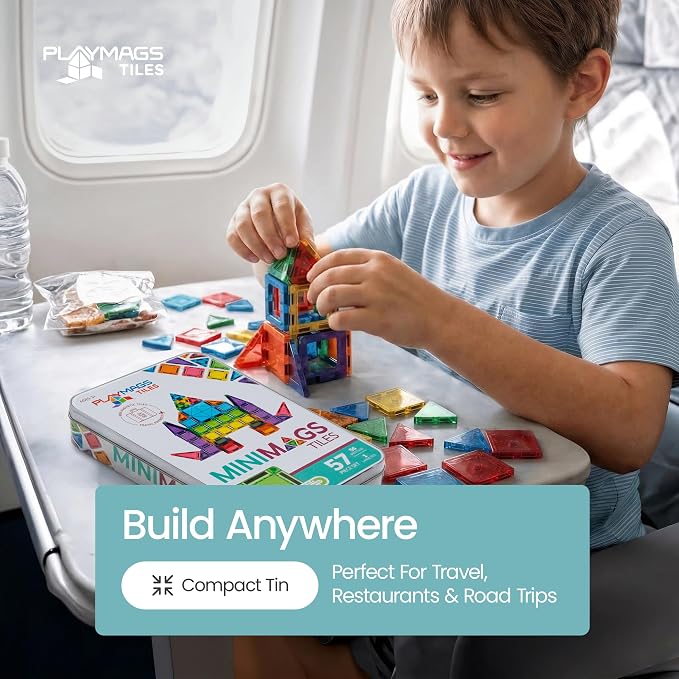 Playmags Mini Magnetic Tiles for Kids 57-Piece Set | Travel Magnetic Blocks | STEM Sensory Educational Toys | Portable Toddler Building Toys | Gift for Boys & Girls Ages 3
