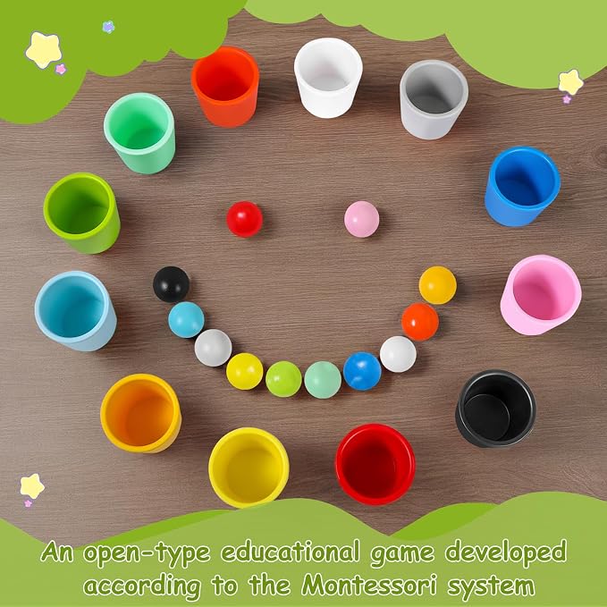 Rainbow Balls in Cups Toddler Montessori Toys (12 Balls, 1.4 in) | Color Sorting Toys for Toddlers for 3 Year Old Up, Learning Color Sorting and Counting, Kids Preschool Wooden Matching Games