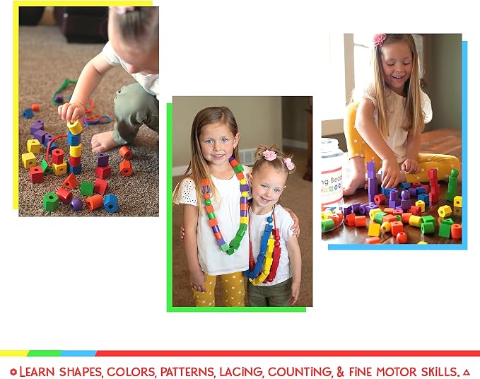Wooden Lacing Beads for Toddlers 1-3 & 3-5 – 125 PCS with Storage Tub | Stringing Beads for Toddlers 1-3 & Fine Motor Skills Toy for Hand-Eye Coordination & Color Sorting