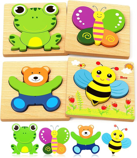 Bekayshad Wooden Puzzles for Toddlers 1-3, Montessori Toys for 1 2 Year Old | Toddler Puzzles, 1 2 Year Old Boy Girl Birthday Gifts, 4 Pack Animal Shape Jigsaw Puzzles, Learning Educational Preschool Toy