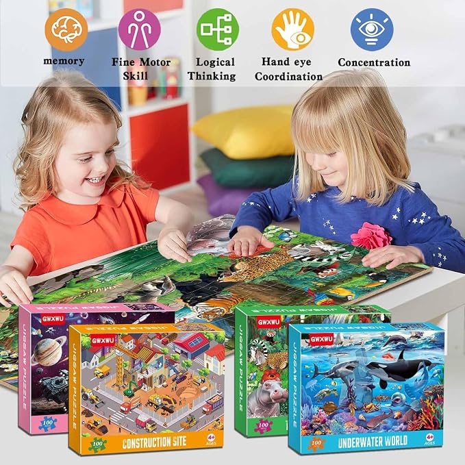 100 Piece Puzzles for Kids Ages 4-6 4-Pack Jigsaw Puzzles Set | Educational Learning Toys for Kids Ages 6-8 8-10, Birthday Gifts for Girls Boys
