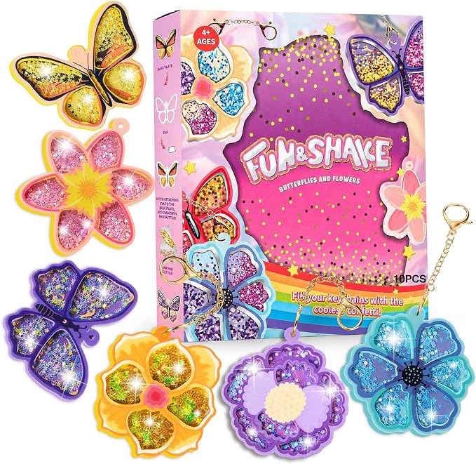 Fun Shake Glitter Craft Kits for Kids, DIY Arts and Crafts Keychains Kit | Art Supplies, Class Travel Activities, Party favors, Gifts for Girls & Boys 4yrs+, Butterfly & flower