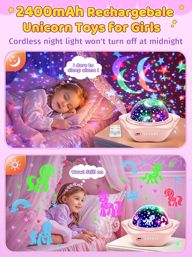 PIKOY Night Light for Kids, 90 Modes+6 Films+Dimmer+Timer+Remote Kids Night Light Projector, Rechargeable Built-in Battery+360° Silent Rotation Butterfly/Princess/Mermaid Room Decor,Girl Toys/Gifts
