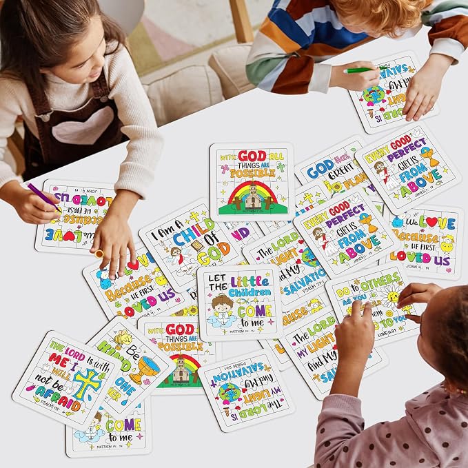 Cinrobiye 24 PCS Bible Coloring Jigsaw Puzzle Craft Kit for Kids, DIY Christian Inspirational Puzzle Set Bulk, Religious Sunday School VBS Church Crafts, Party Favors, Classroom Activities