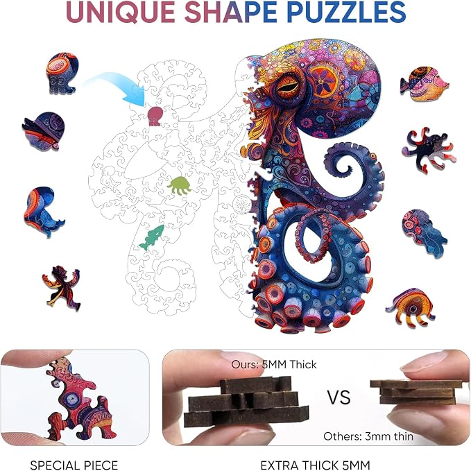 Mys Aurora Octopus Puzzles for Adults, 5MM Thick Jigsaw Puzzles 200 Pieces | Unique Shape Puzzle Ocean Wood Puzzles for Adults and Kids Birthday Gifts Family Game 11.2 * 11.2inch