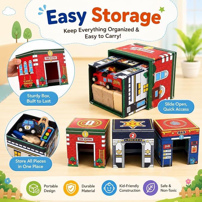 Atoylink Wooden Building Blocks for Toddlers 1-3, 108Pcs Sorting & Stacking Toys with Community Helpers & Magnetic Wooden Cars, Baby Nesting Boxes Preschool Montessori Toys for Boys Girls Gift