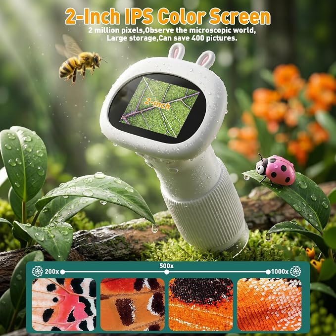 4K 1000X Digital Microscope for Kids with 2.0" IPS Screen(White) | Portable Handheld Toys, 200-1000X Magnification for Kids Age 3-12, STEM Educational Toy Birthday Gifts for Girls Boys