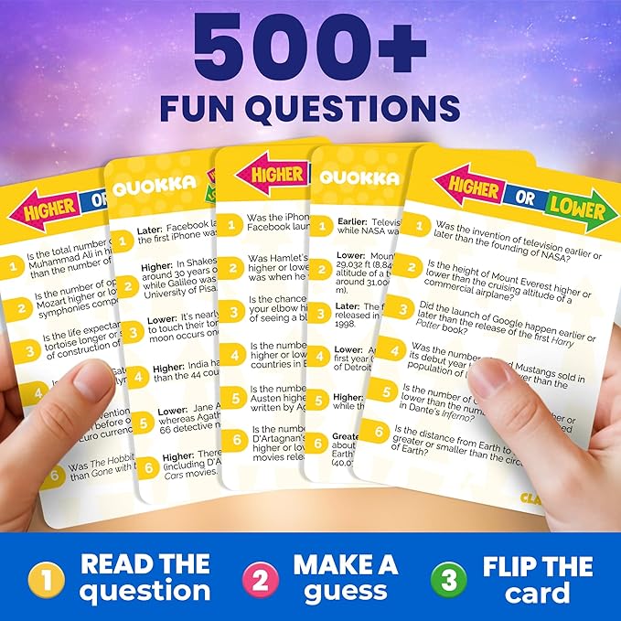 QUOKKA Trivia Board Games for Kids and Adults – Family Board Games for Family Game Night – Higher or Lower Trivia Cards for Kids 8-12 – Guess Fun Questions – Educational Card Game for Families&Teens