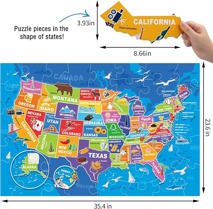 Jumbo Floor Puzzle for Kids,70-Piece USA Map Jigsaw Puzzle Ages 3-8 | 50 States with Capitals,Extra-thick Cardboard,Preschool Learning Toy,35x24 in Completed,Geography Gift for Boys and Girls