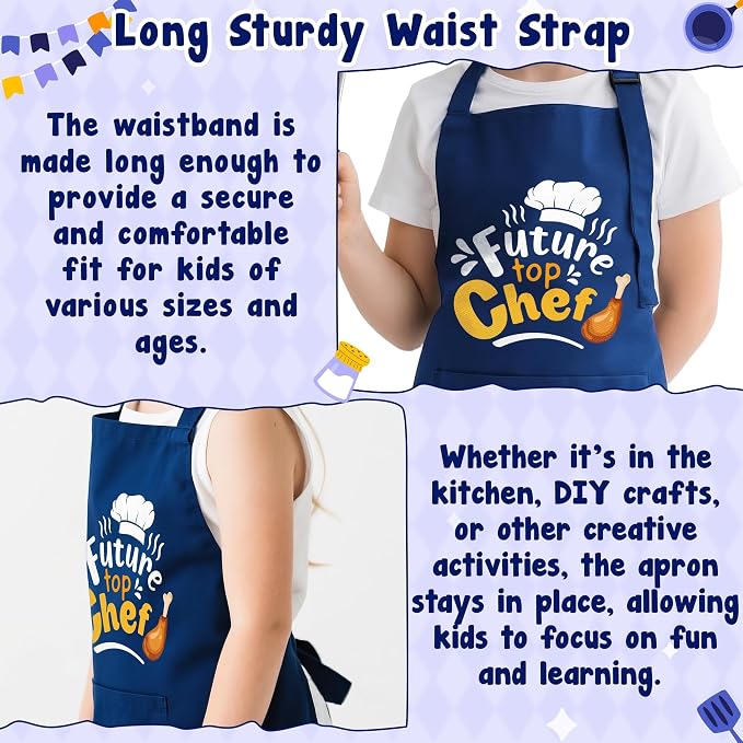 R HORSE 2 Pieces Kid Apron and Chef Hat Set, Dress up Role Play Chef Toy | Blue Future Top Chef Adjustable Kid Kitchen Apron with Pockets, Ideal for Cooking, Baking, Painting, Cooking Birthday Gift