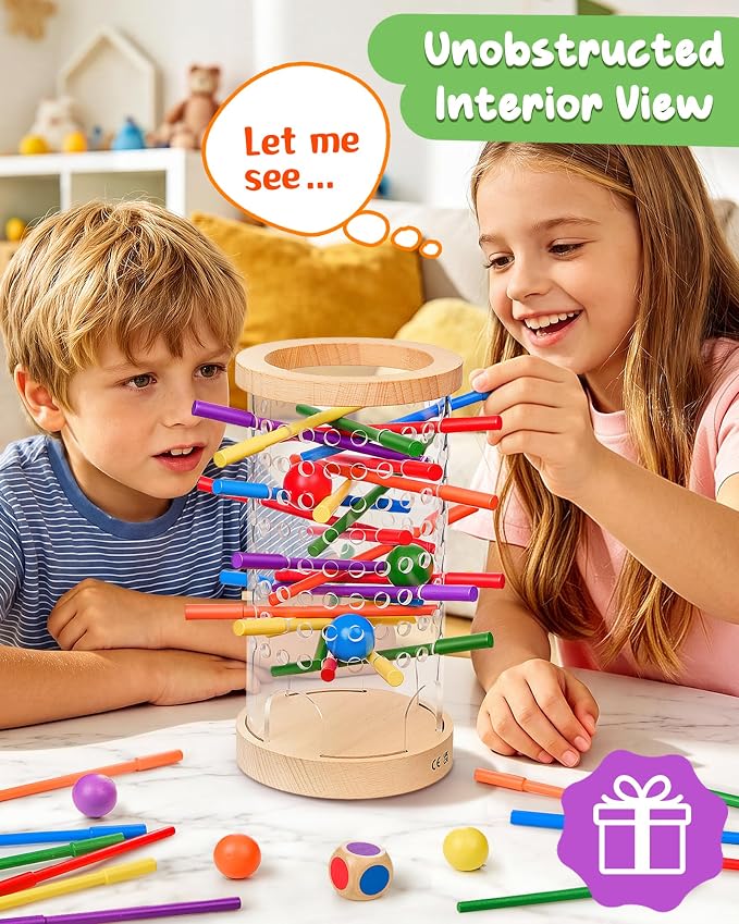 Wooden Board Games for Kids 3-8 Montessori Toys Fine Motor Skills Toy Dice | 42 Non-slip Sticks, 3-Min Quick Setup, Clear Interior View, Wooden Stick Game Color Matching, CPC-Certified, Ages 4–6 Gift