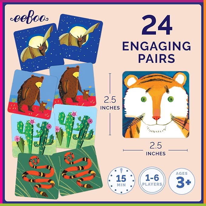 eeBoo Life on Earth Memory & Matching Game, Ages 3+, 1-4 Players | Introduces global flora & fauna. Sharpens recognition, concentration & memory skills. Includes 48 tiles, 24 pairs