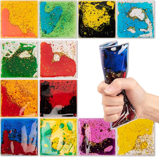 Art3d Square Sensory Fidget Multicolor Liquid Motion Tiles, 6" x 6", 12-Pack | Lightweight, Boost Focus, Relieve Anxiety, Eco-Friendly, Varied Colors & Shapes, Suitable for Kids, Teens