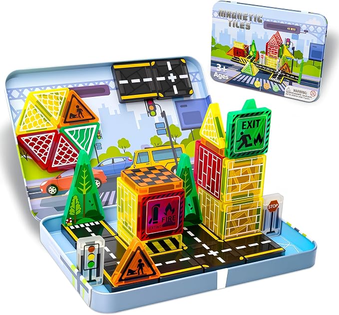 Magnetic Tiles,42PCS Magnetic Building Blocks with Metal Storage Box,Magnetic Tiles for Kids Ages 3+,Magnet Tiles for Boys & Girls (Road)