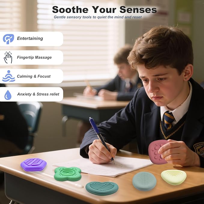 6Pcs Silicone Sensory Worry Stones, Quiet Fidget Toys for Kids | for Autism & ADHD,Sensory Play,Silent Calming,Focus Support,Easy to Clean,Versatile Gif